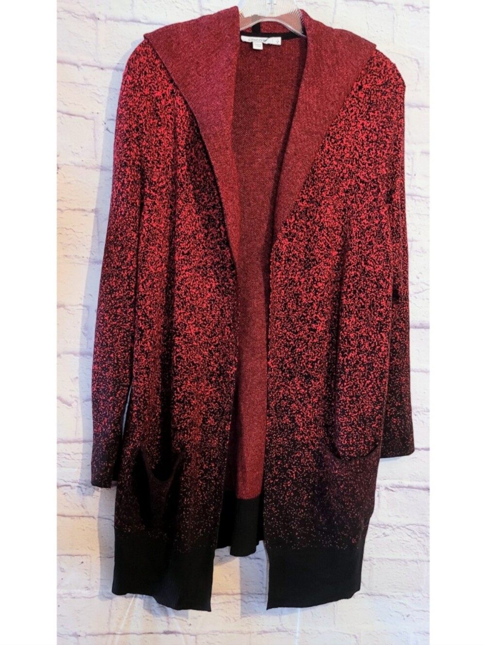 Chico’s Cardigan Hooded Sweater Lagenlook Red Black Open Front Pockets Size M